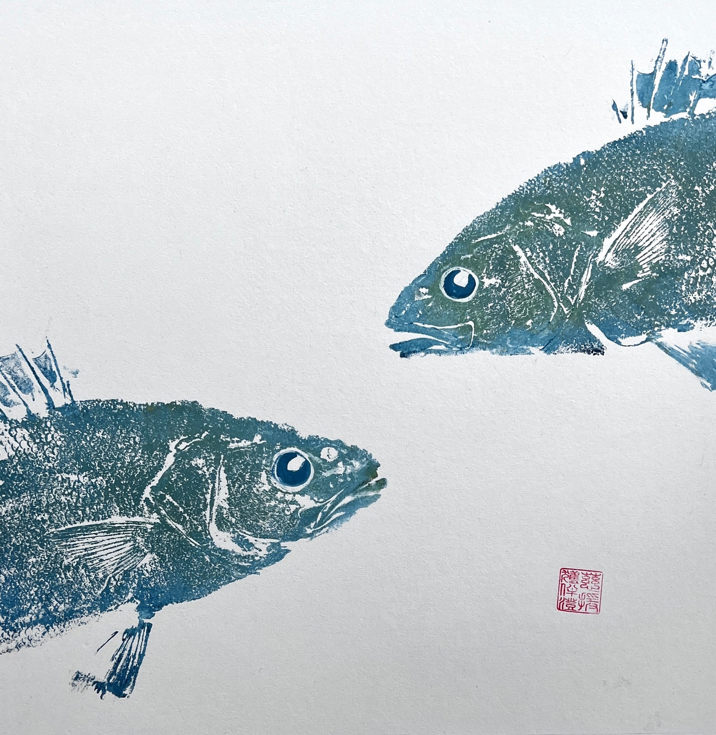 Menai Strait, Line Caught, Sea Bass Heads Duo Gyotaku Printed and Wet Mounted.
