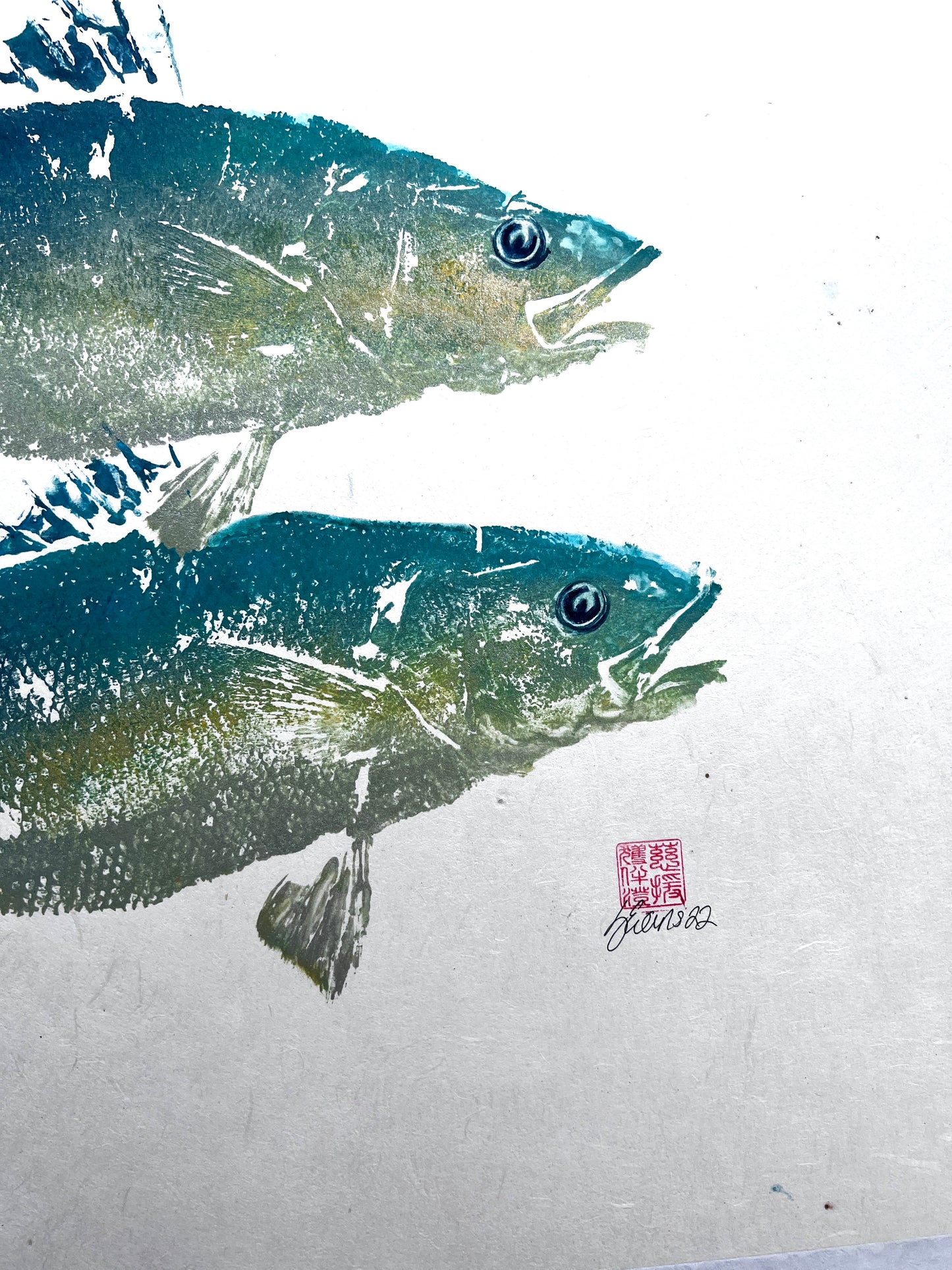 Menai Strait, Line Caught Sea Bass Gyotaku Printed and Wet Mounted.