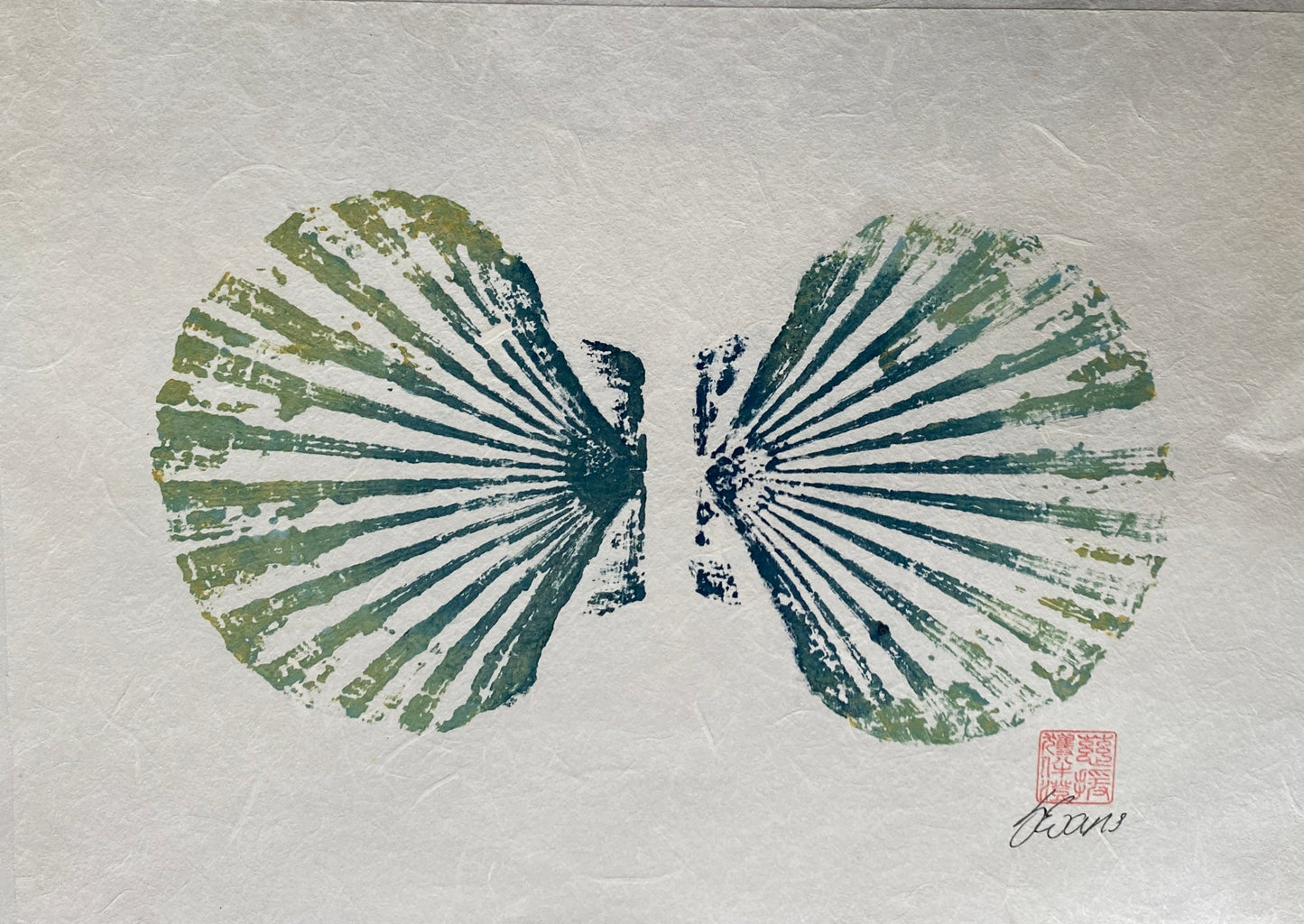 Scallop Shell Gyotaku Print, Wet Mounted