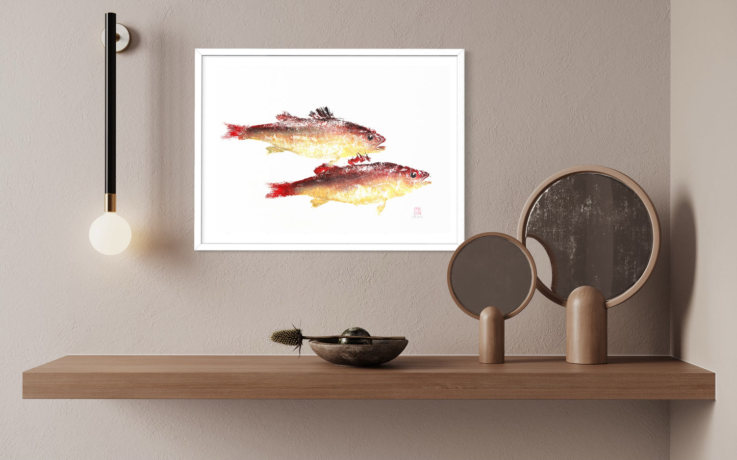 Menai Strait, Line Caught Sea Bass Gyotaku Printed and Wet Mounted.