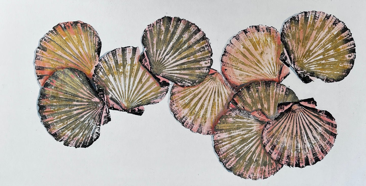 Hand Painted Multiple Scallop Shell Gyotaku Print, Wet Mounted