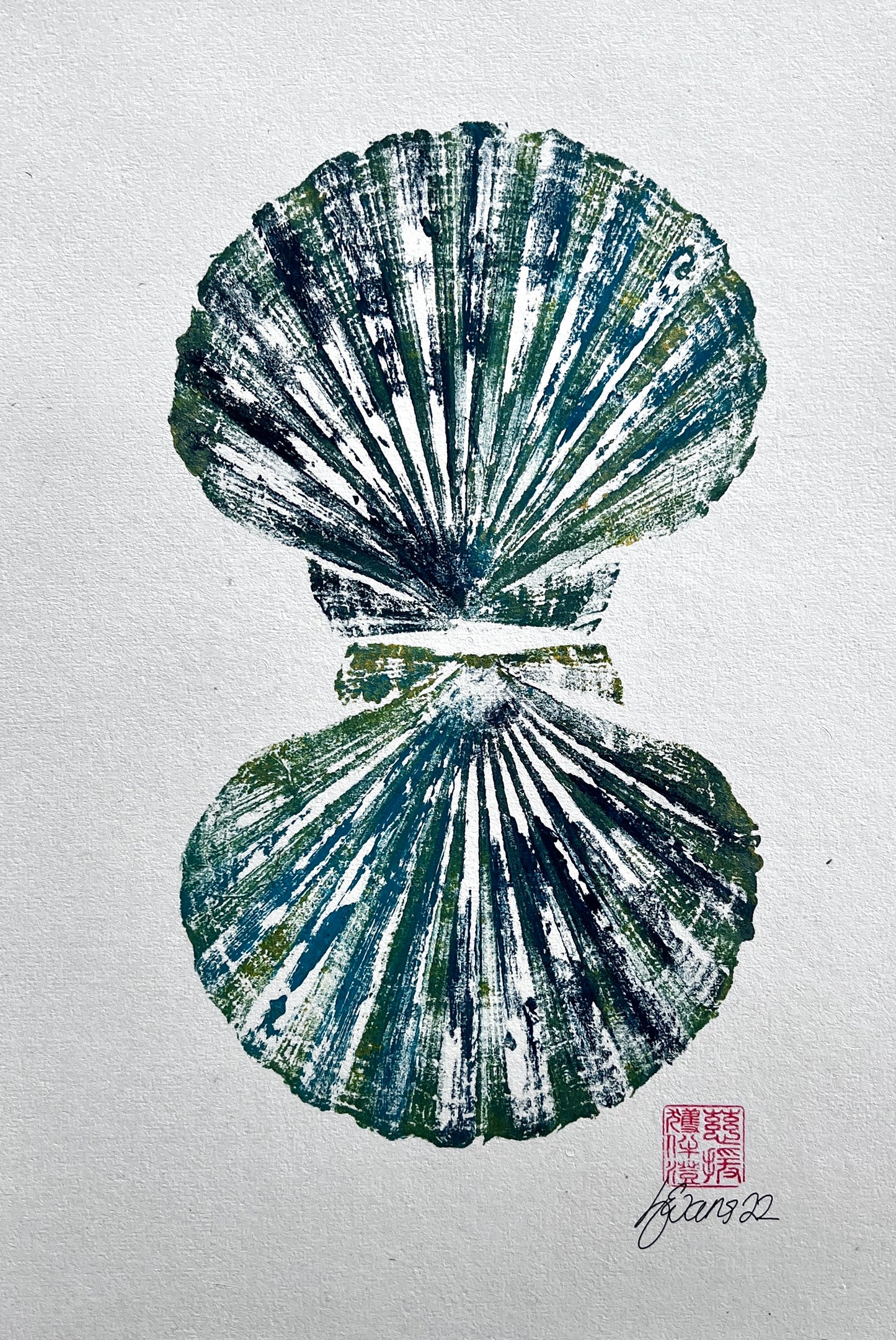 Scallop Shell Gyotaku Print, Wet Mounted