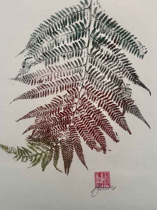 Gyotaku of a Fern Frond In Green and Brown Ink