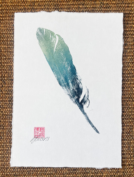 A4 Feather Gyotaku Blue and Gold