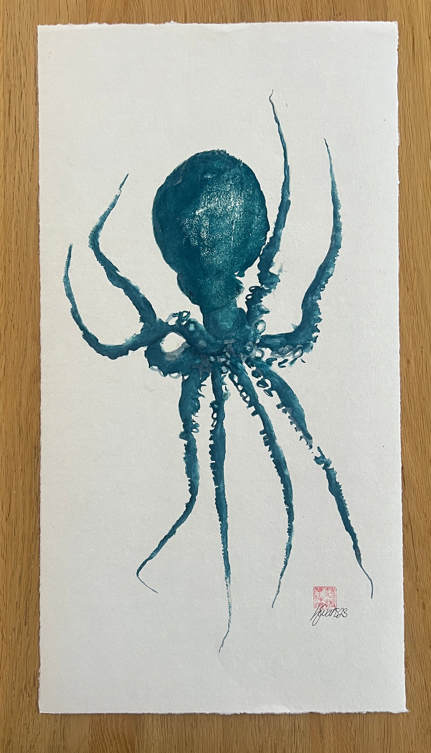 Gyotaku impression from the surface of an Octopus in blue