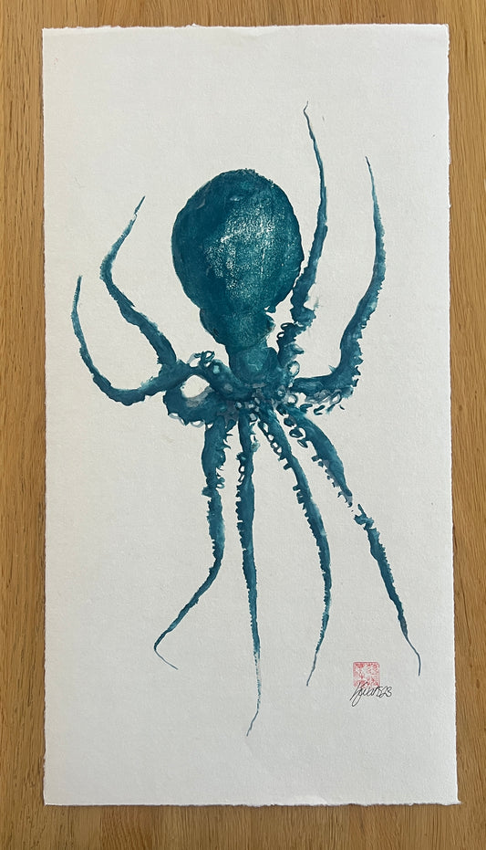 Gyotaku impression from the surface of an Octopus in blue