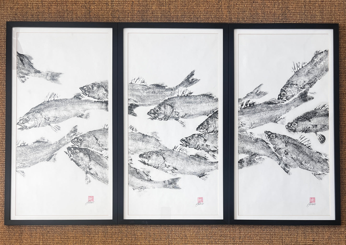 FRAMED TRIPTYCH GYOTAKU OF SEA BASS
