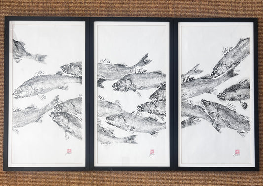 FRAMED TRIPTYCH GYOTAKU OF SEA BASS