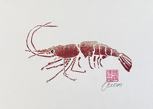 "Linotaku Prawn" – Lino Cut Print by Jane Evans, Anglesey Artist