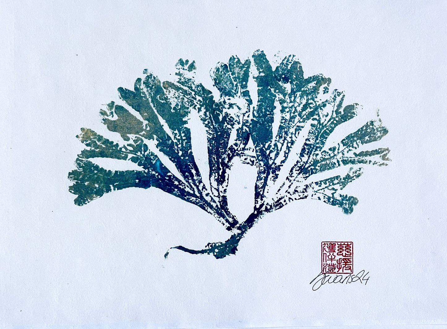 Seaweed Gyotaku in Blue and Gold Ink