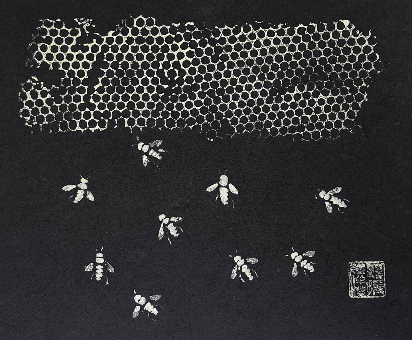 Framed Gyotaku of Bees and Honeycomb