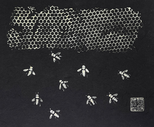 Framed Gyotaku of Bees and Honeycomb