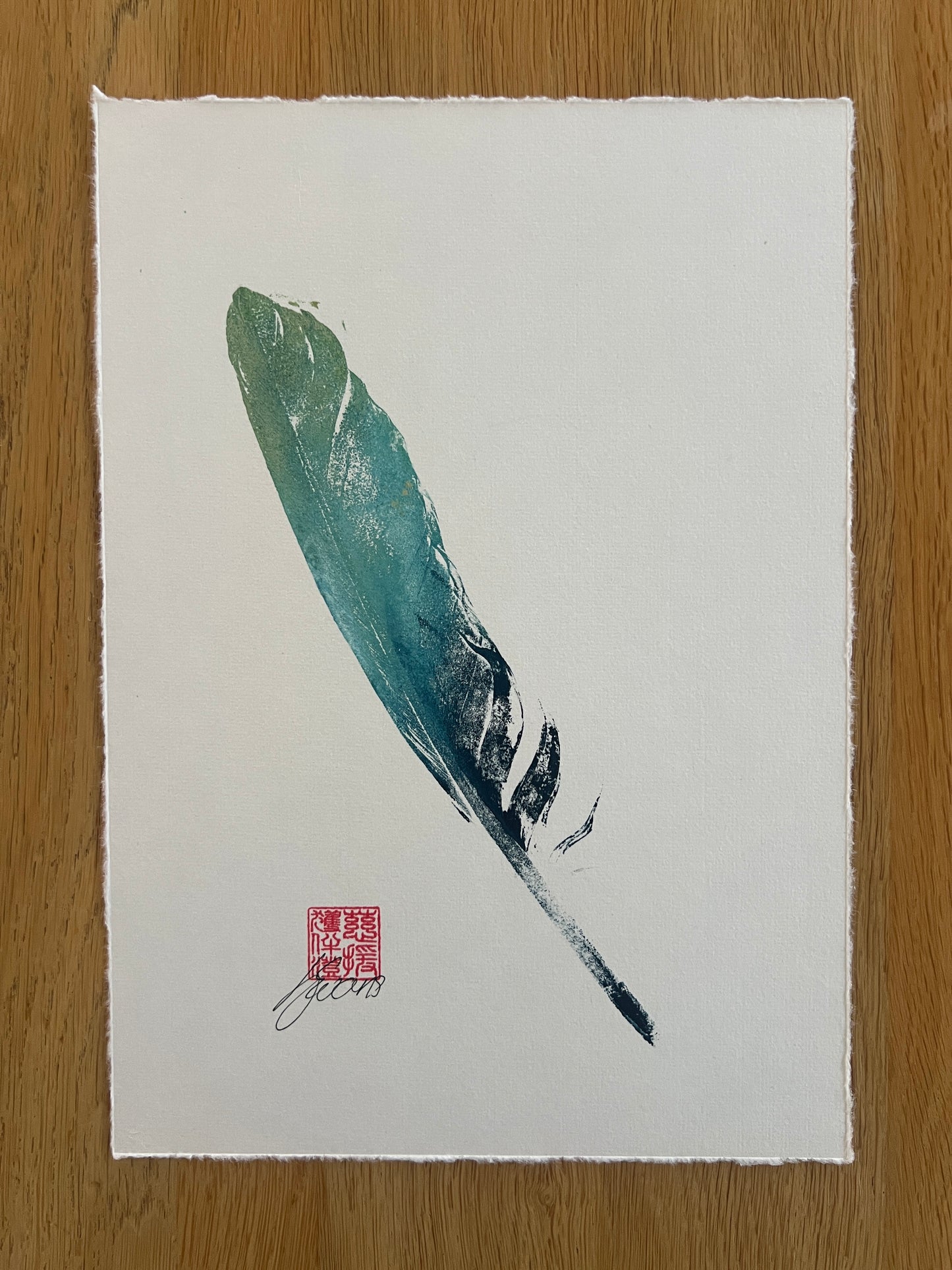 A4 Feather Gyotaku Blue and Gold Framed