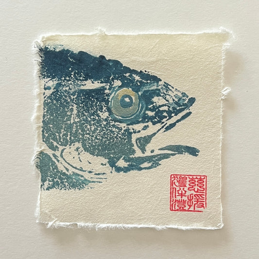 Sea Bass Mini Print – Blue & Gold on Thai Mulberry Paper