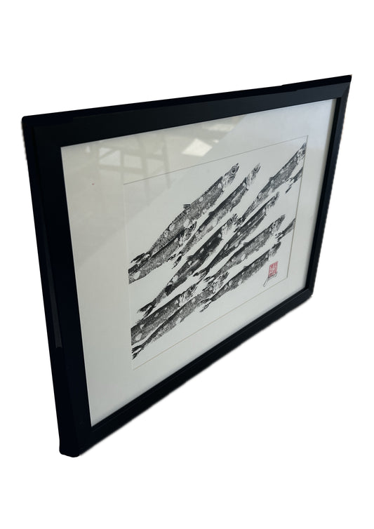 FRAMED A4 GYOTAKU OF ANCHOVIES