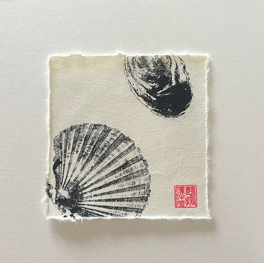 A Scallop Shell and Oyster Shell Mini Print – Black Ink on Thai Mulberry Paper