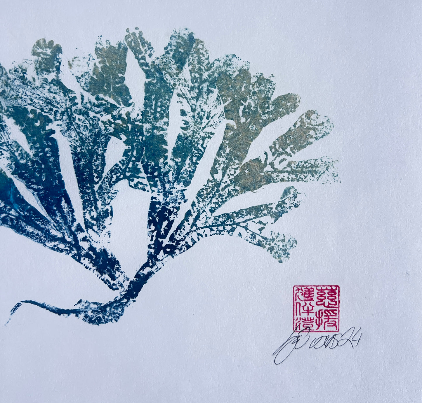 Seaweed Gyotaku in Blue and Gold Ink