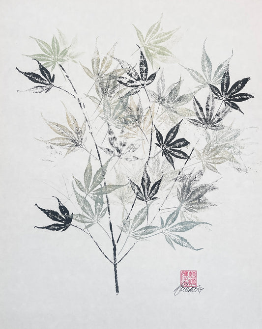 Gyotaku of Acer Leaves in Black and Green/Gold