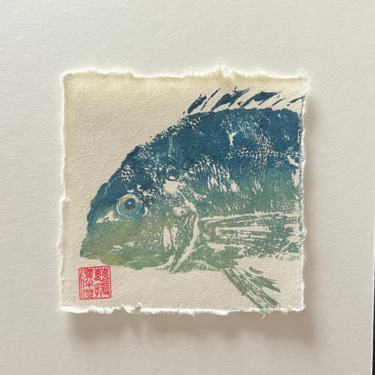 Sea Bream Mini Print – Blue & Gold on Thai Mulberry Paper