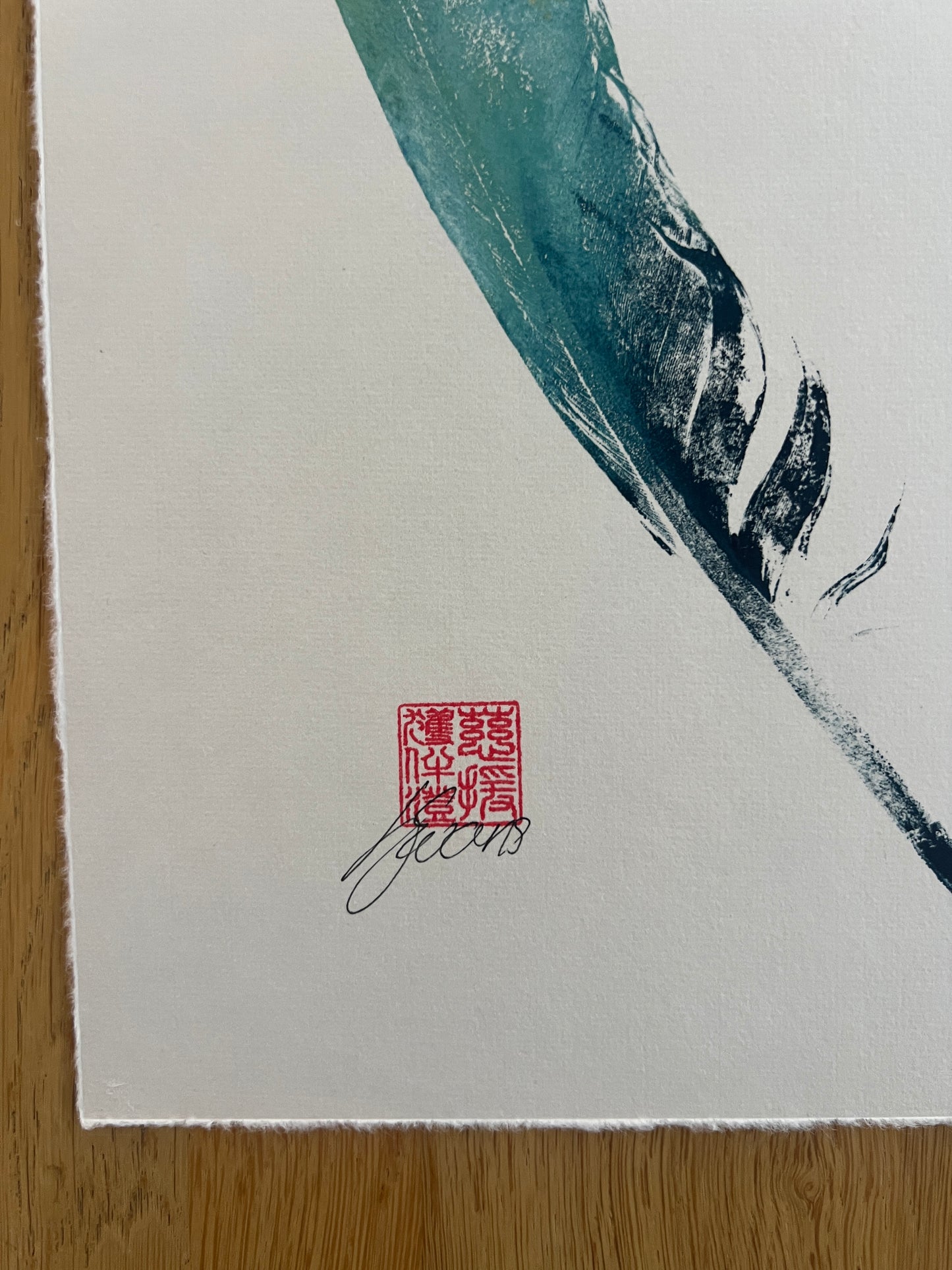 A4 Feather Gyotaku Blue and Gold Framed