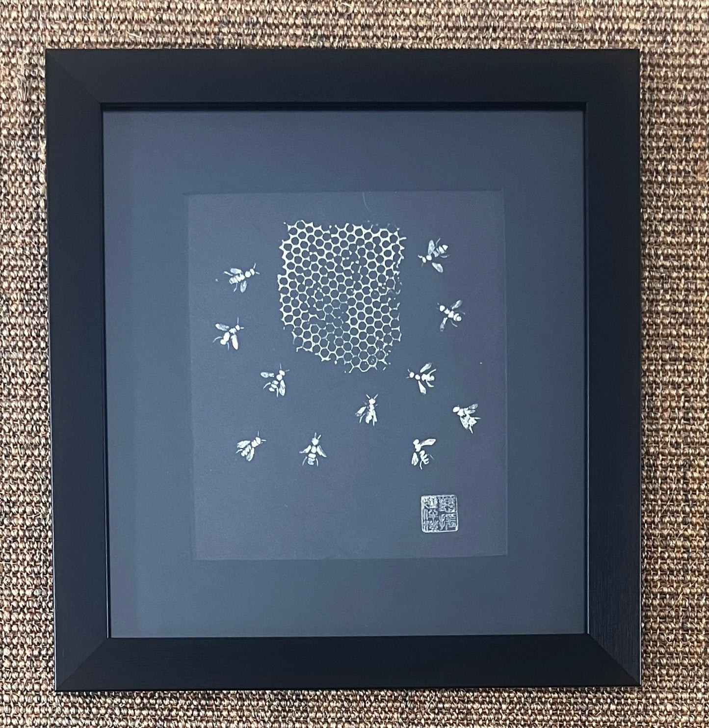 Frame Gyotaku of Bees and Honeycomb
