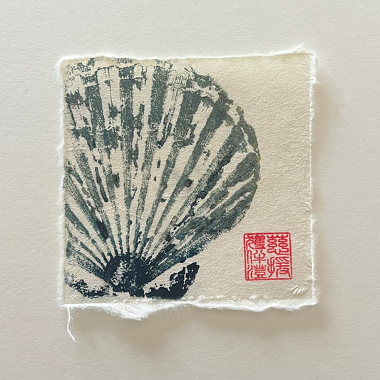 Scallop Shell Mini Print – Blue and Gold Ink on Thai Mulberry Paper