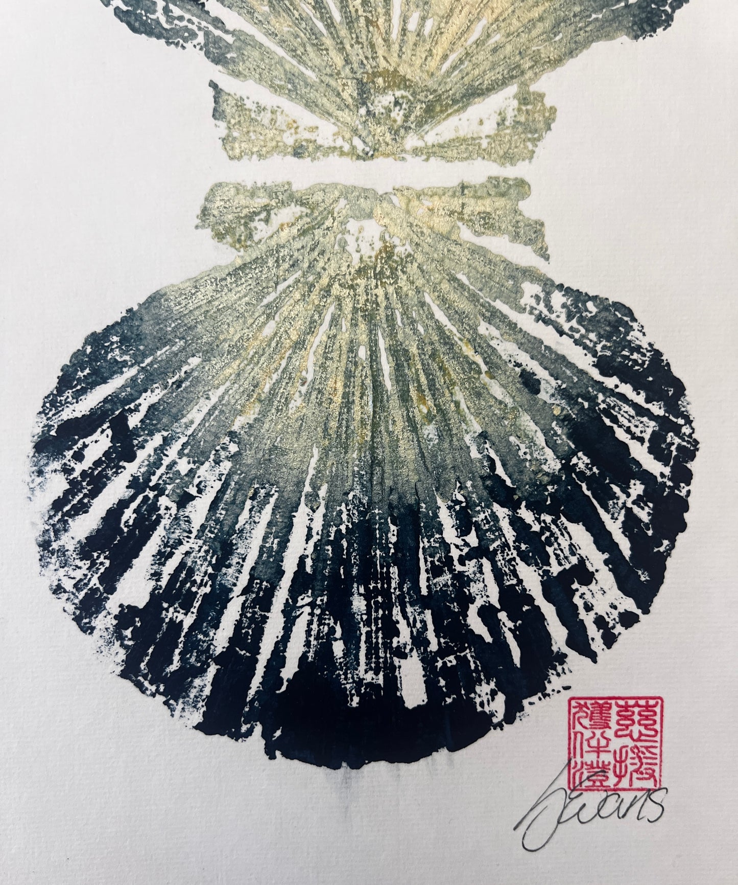 Scallop Shell Duo Gyotaku by Jane Evans