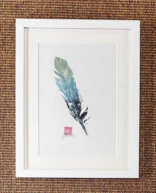 A4 Feather Gyotaku Blue and Gold Framed