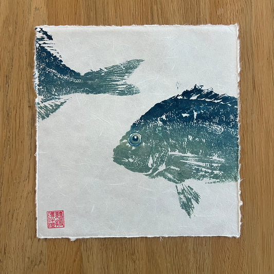 10 x 10 Inch Sea Bream Print – Blue &amp; Gold Gyotaku-Inspired Marine Art