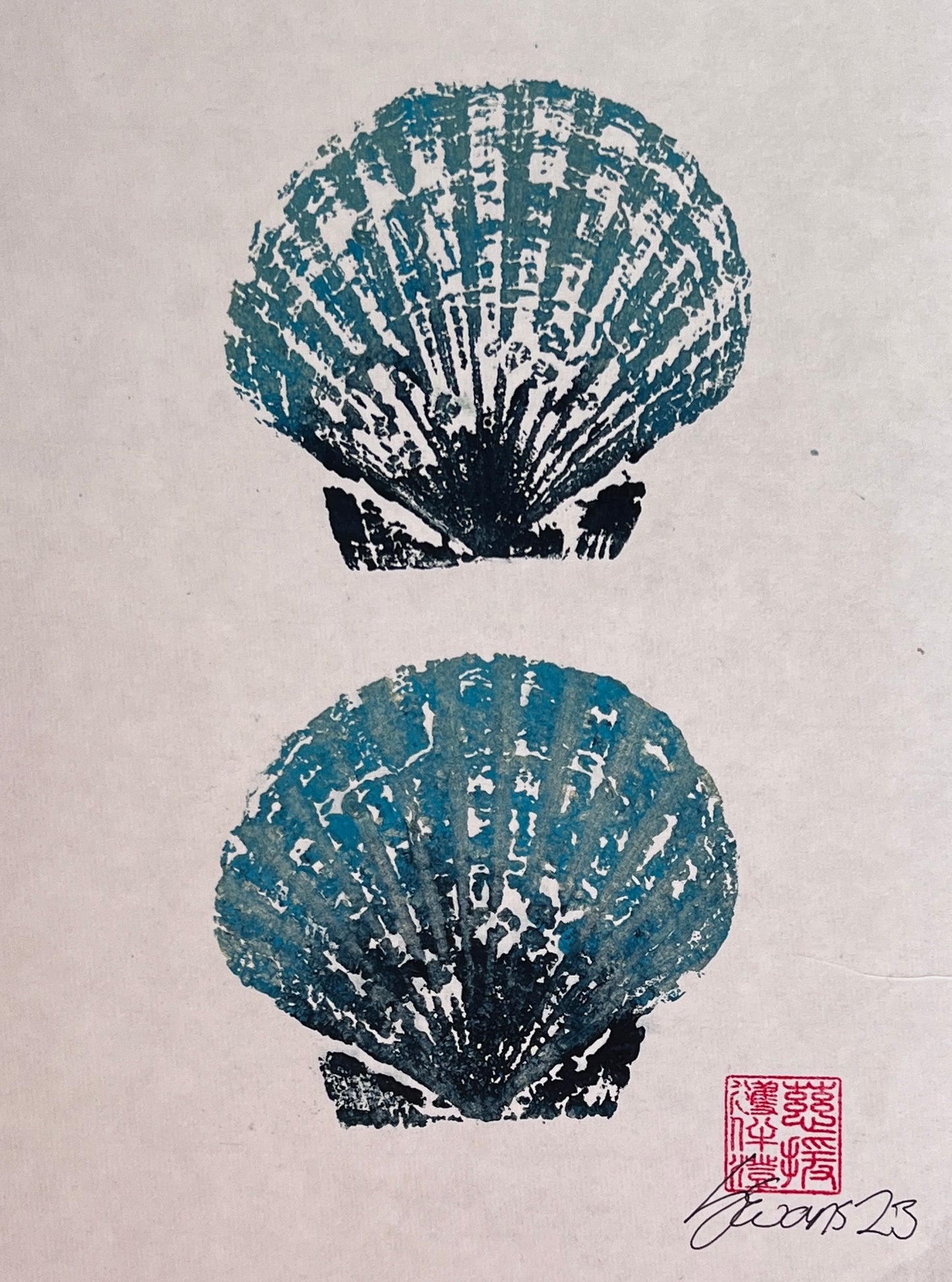 Scallop Shell Gyotaku Print, Wet Mounted