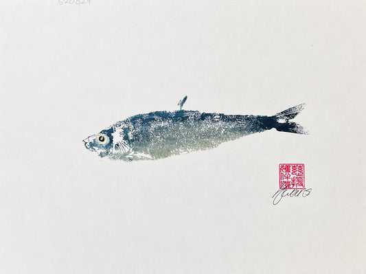 Sardine Gyotaku Print Blue and Gold