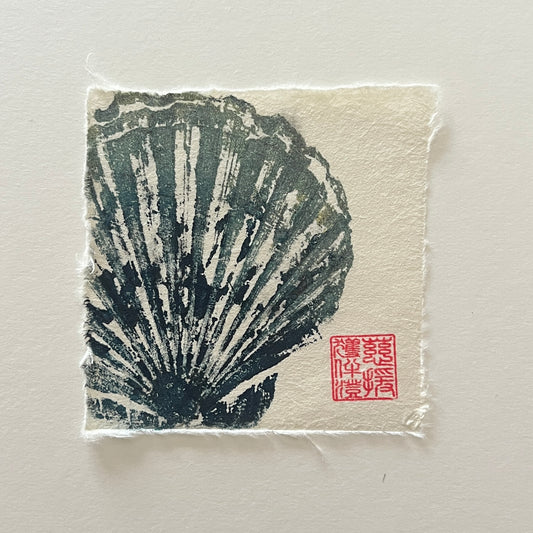 Scallop Shell Mini Print – Blue and Gold Ink on Thai Mulberry Paper