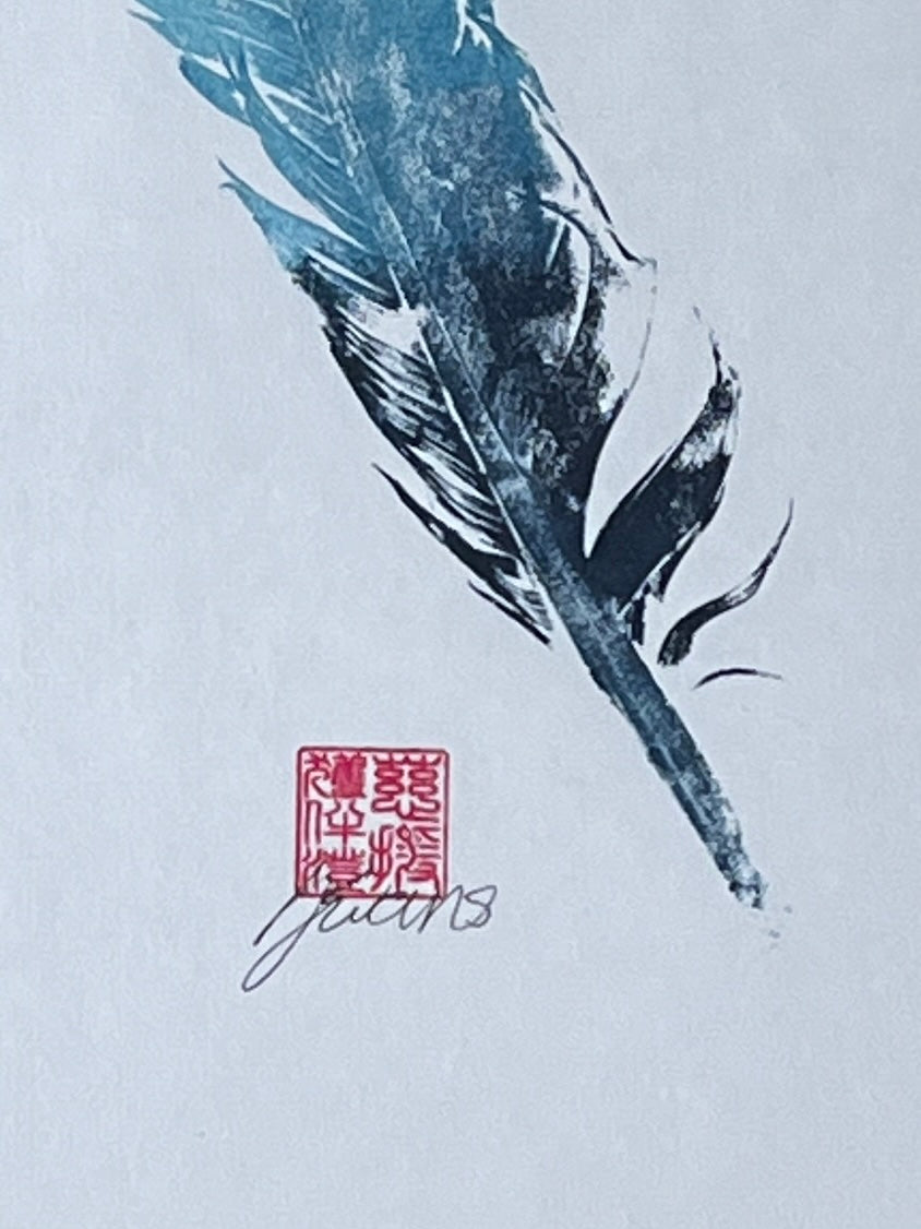 A4 Feather Gyotaku Blue and Gold Framed