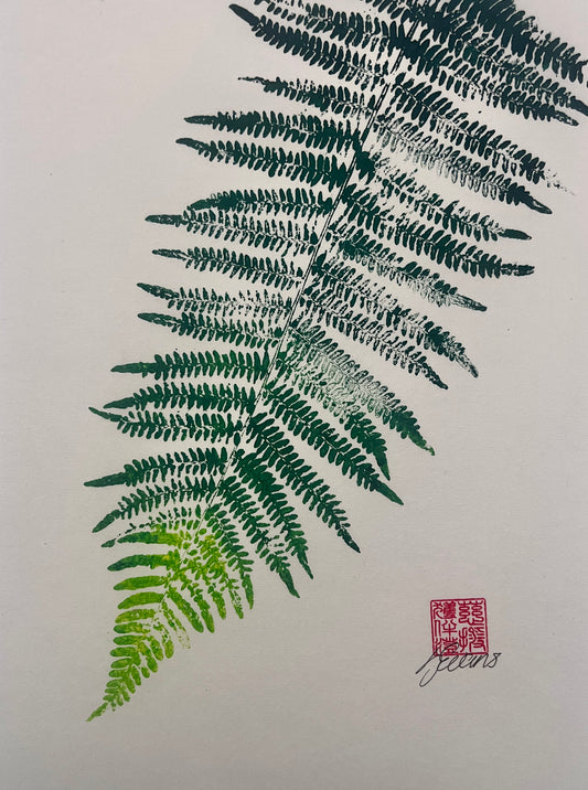 Gyotaku of a Fern Frond In Green Ink