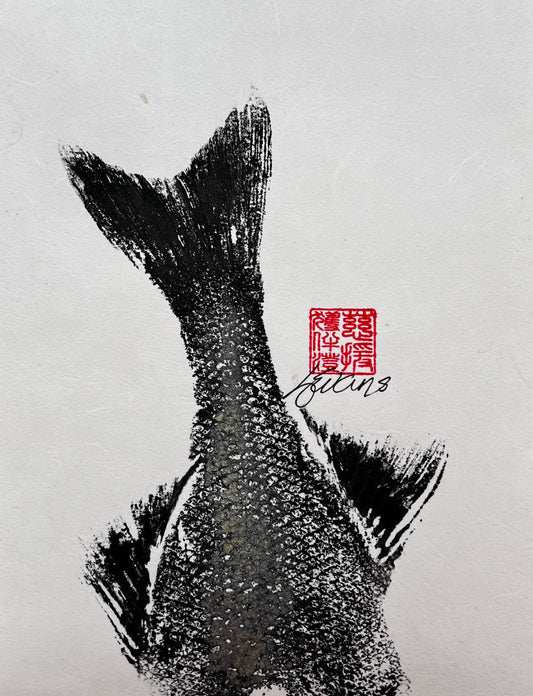 Dive!  Gyotaku of a Sea Bass Tail