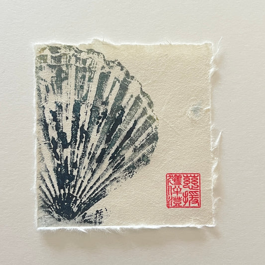 Scallop Shell Mini Print – Blue and Gold Ink on Thai Mulberry Paper