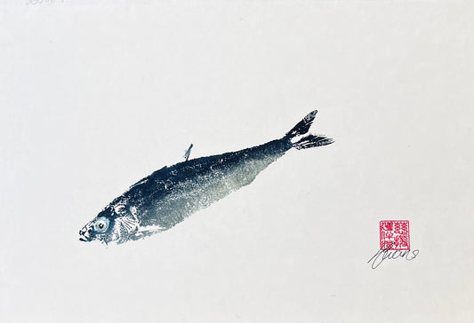 Sardine Gyotaku Print Blue and Gold