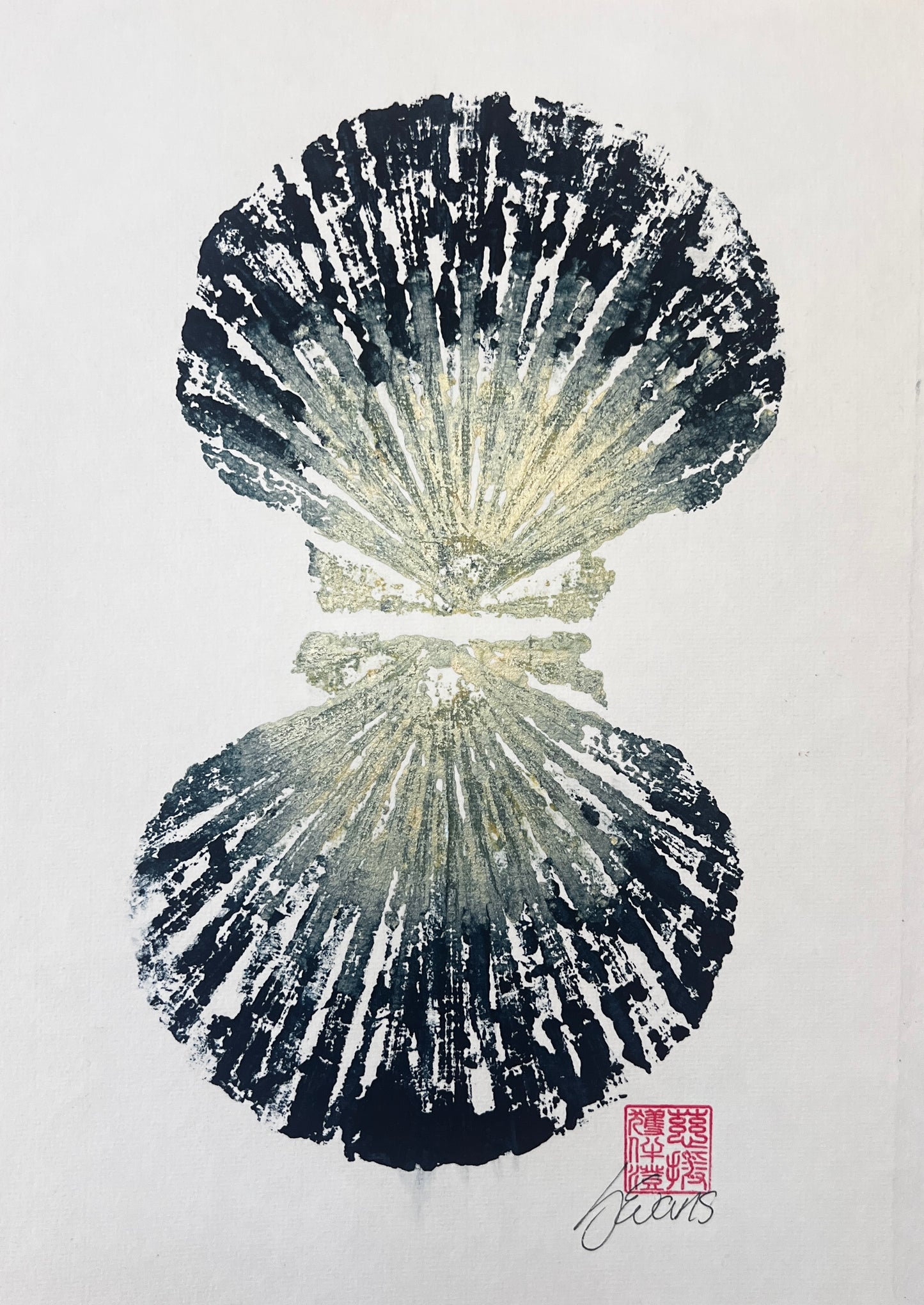 Scallop Shell Duo Gyotaku by Jane Evans