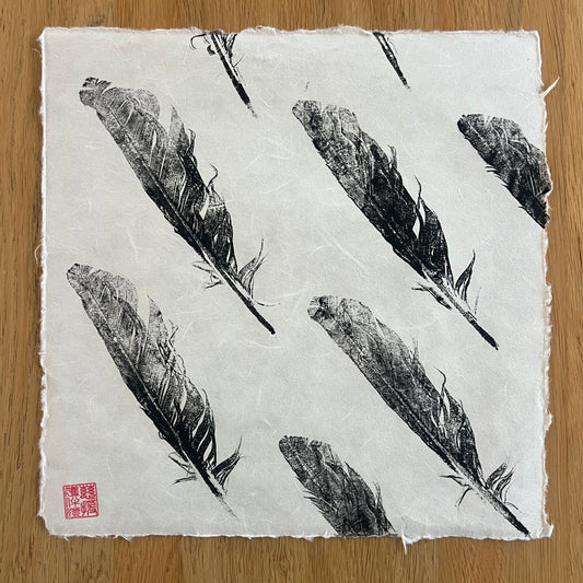 Feather Gyotaku – Black Ink on Thai Mulberry Paper