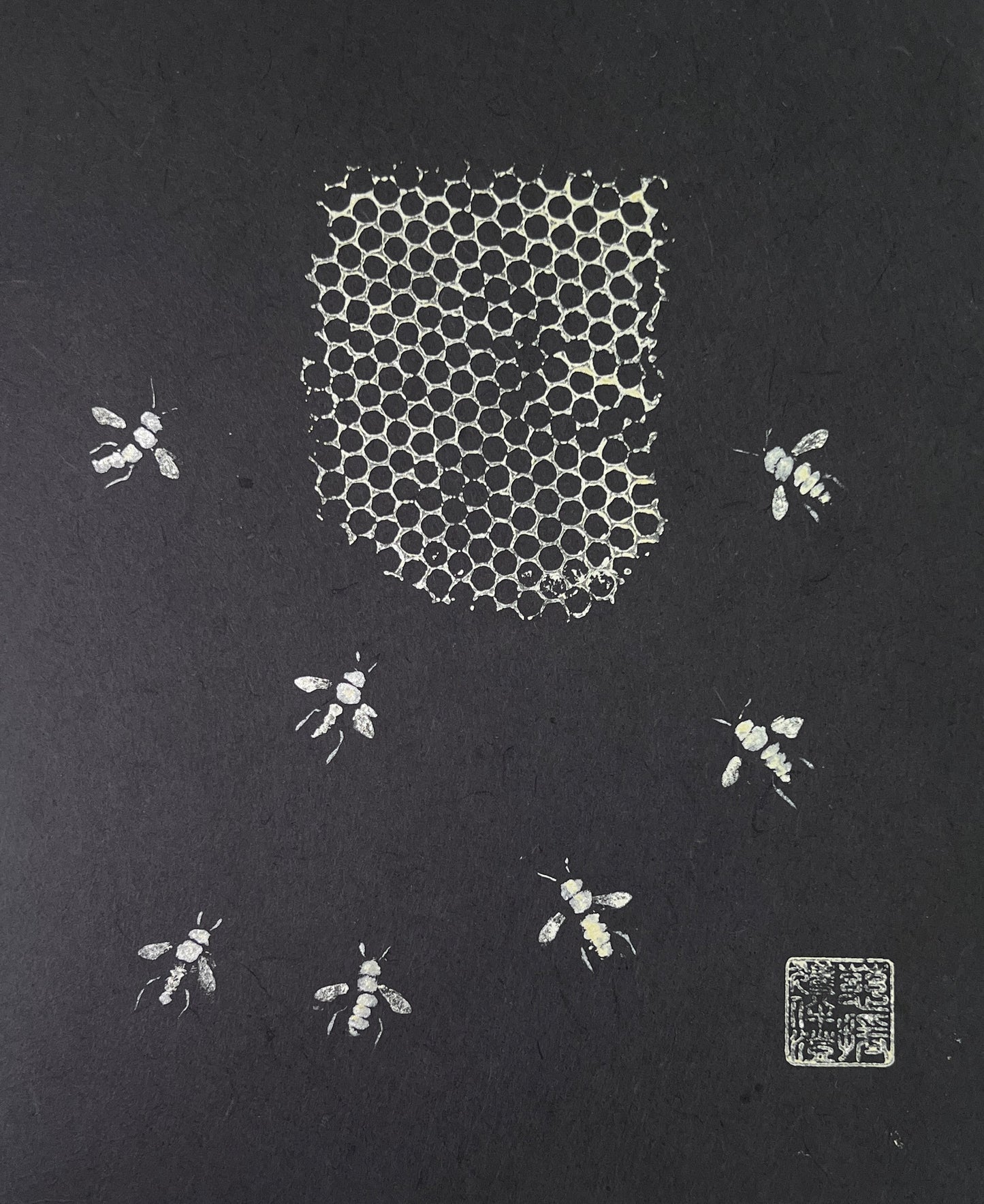 Framed Gyotaku of Bees and Honeycomb