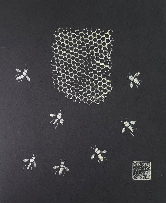 Framed Gyotaku of Bees and Honeycomb