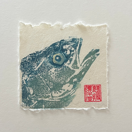 Sea Bass Mini Print – Blue & Gold on Thai Mulberry Paper