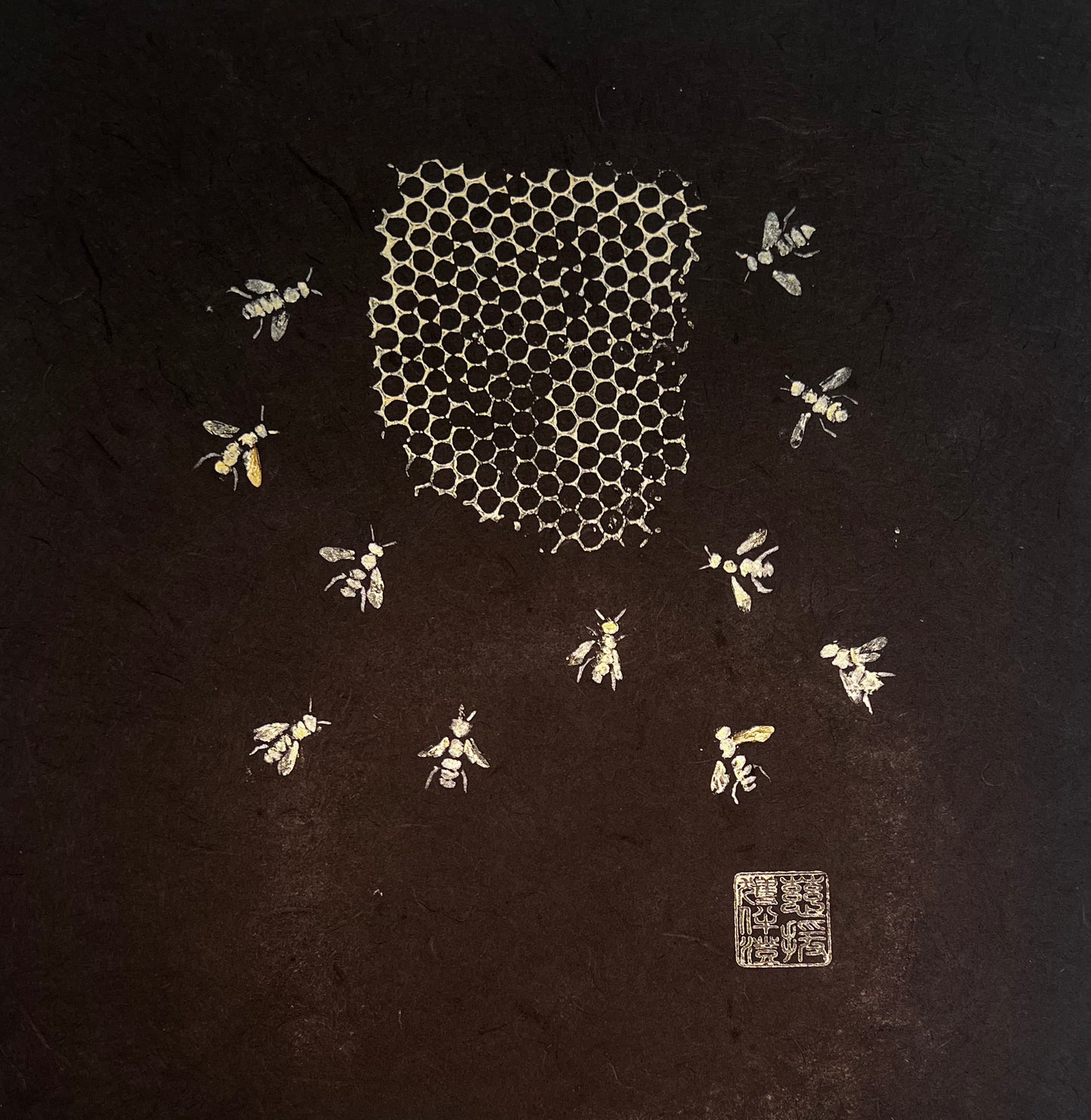 Frame Gyotaku of Bees and Honeycomb