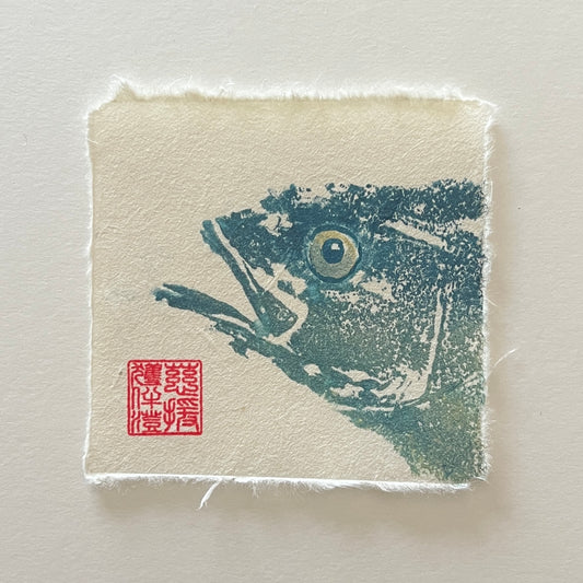 Sea Bass Mini Print – Blue & Gold on Thai Mulberry Paper