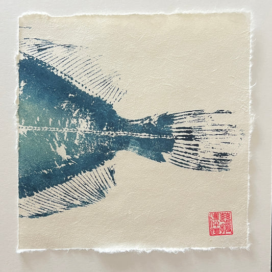 Megrim Sole Mini Print – Blue & Gold on Thai Mulberry Paper