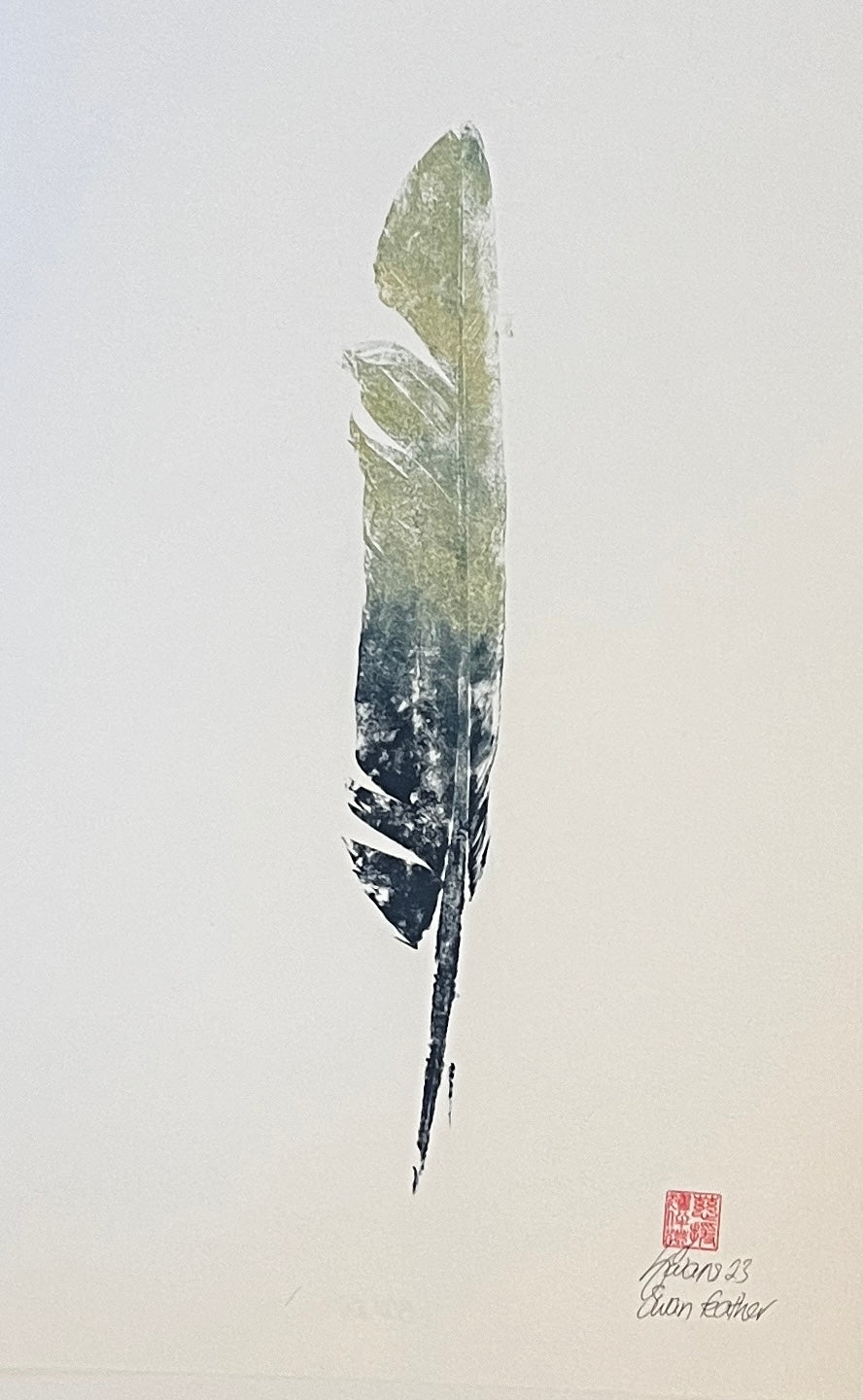 Swan Feather Gyotaku in Blue and Green Ink