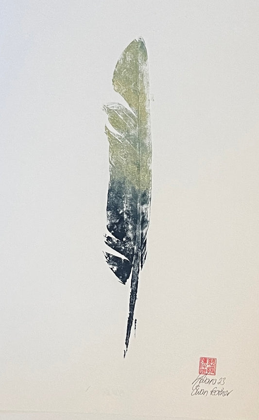 Swan Feather Gyotaku in Blue and Green Ink