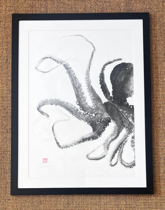 Framed Gyotaku print of Octopus Vulgris