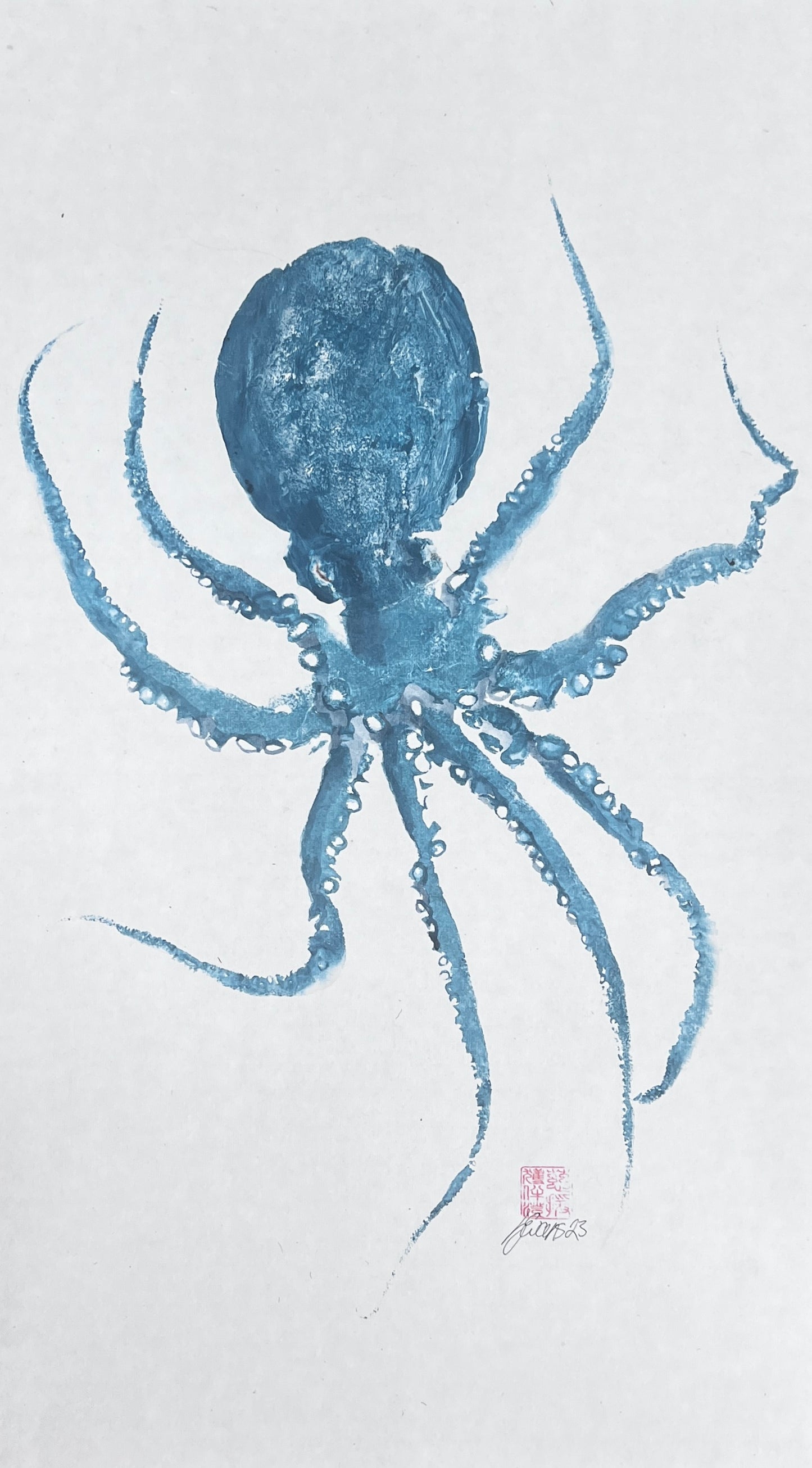 Gyotaku impression from the surface of an Octopus in blue