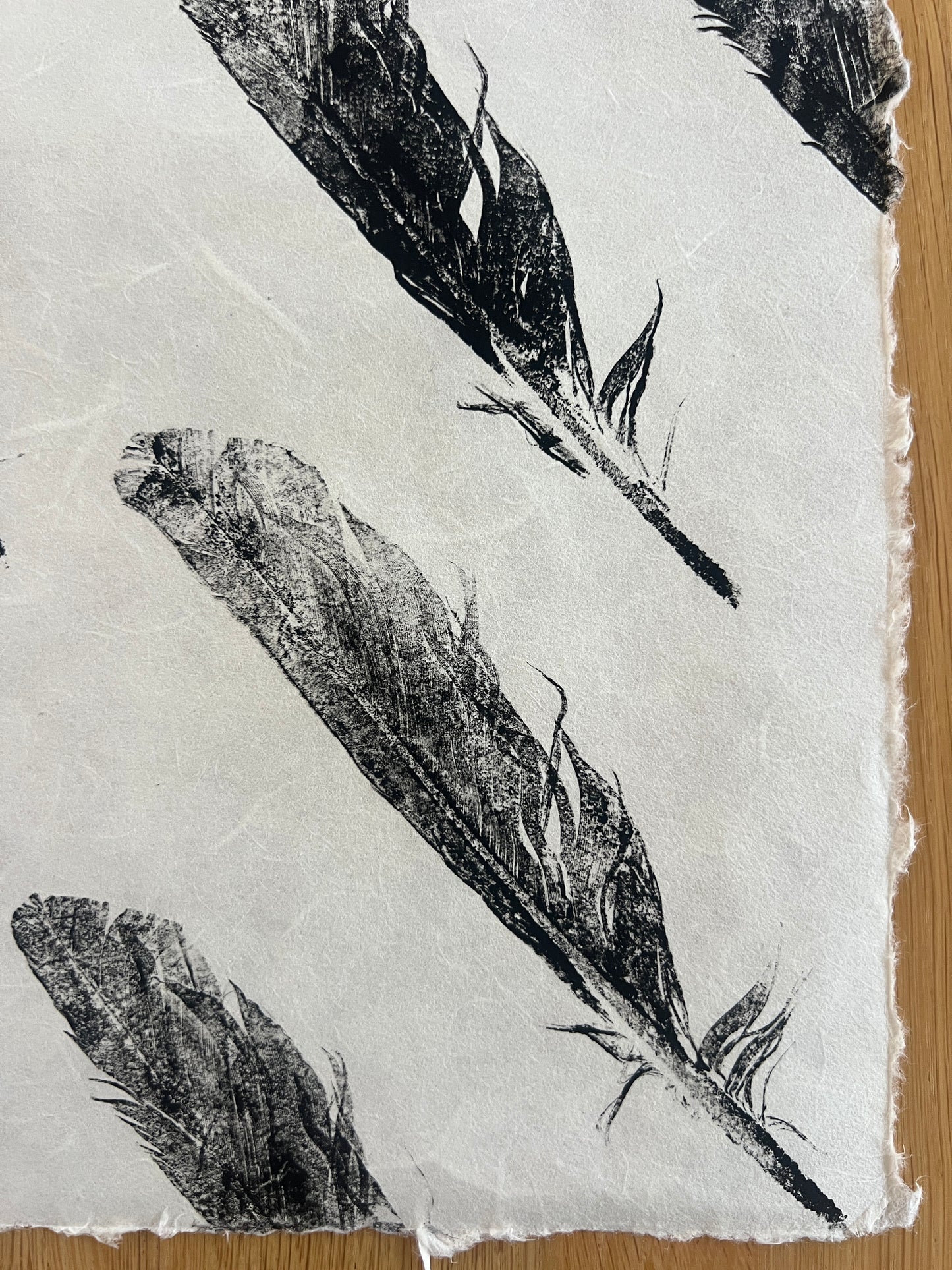 Feather Gyotaku – Black Ink on Thai Mulberry Paper
